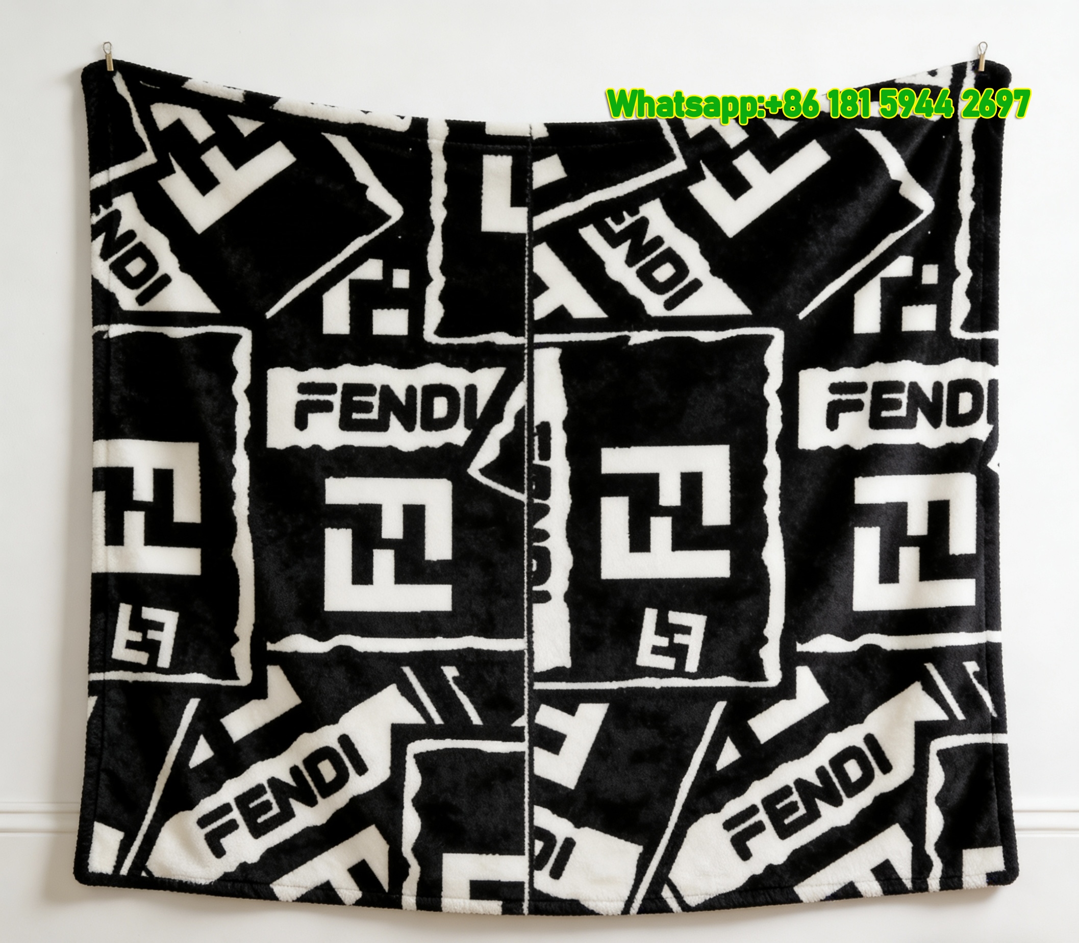 Fendi Black White FF Monogram Patchwork Flannel Throw Blanket IMG_9506
